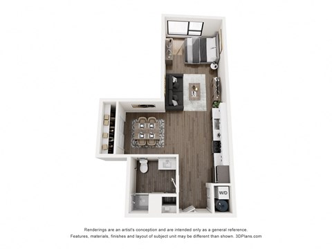 Floor plan for studio, 1 bath, 638 sqft